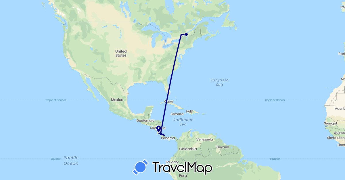 TravelMap itinerary: driving in Canada, Costa Rica (North America)